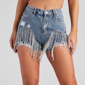 High Waist Rhinestone Denim Shorts